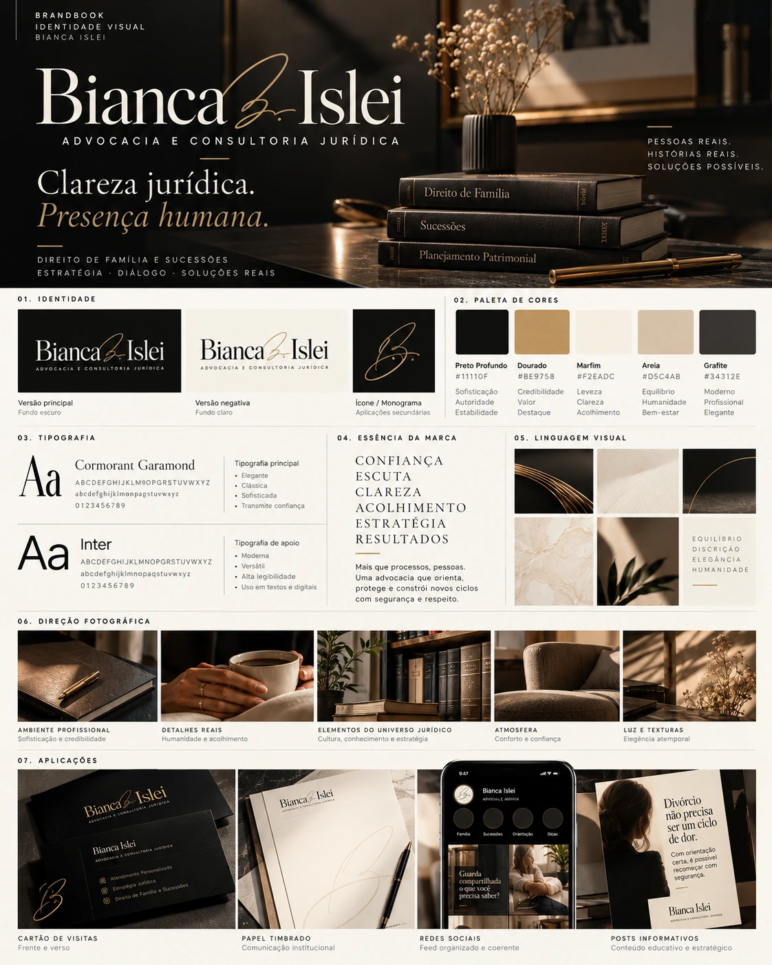 Brand book de Bianca Islei com identidade, paleta, tipografia, essência, linguagem visual e aplicações.