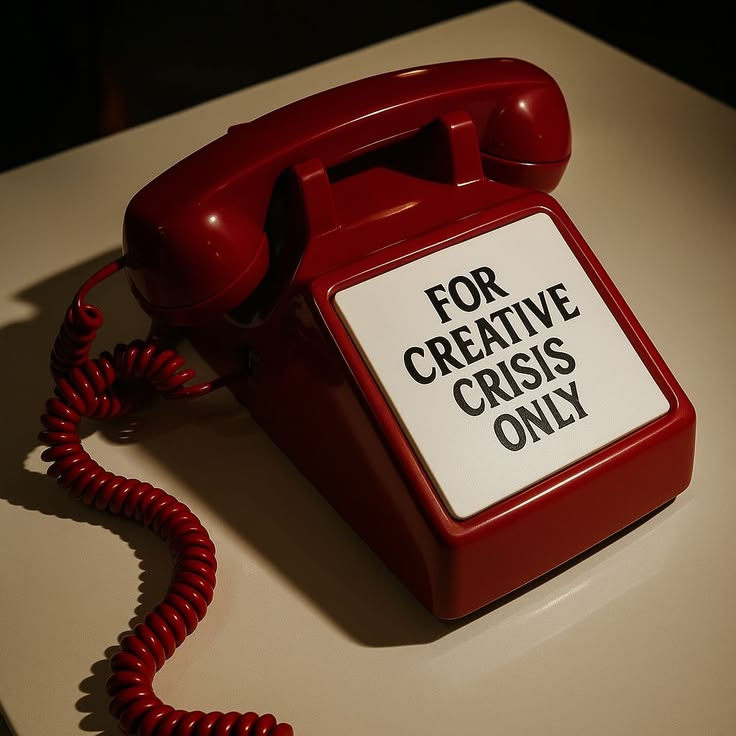 Telefone vermelho em uma mesa, com a mensagem em inglês For Creative Crisis Only