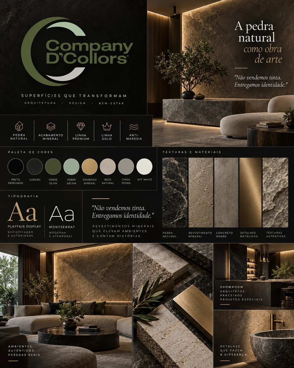 Brandbook Company D’Collors com assinatura, paleta mineral, tipografia e direção de arte.