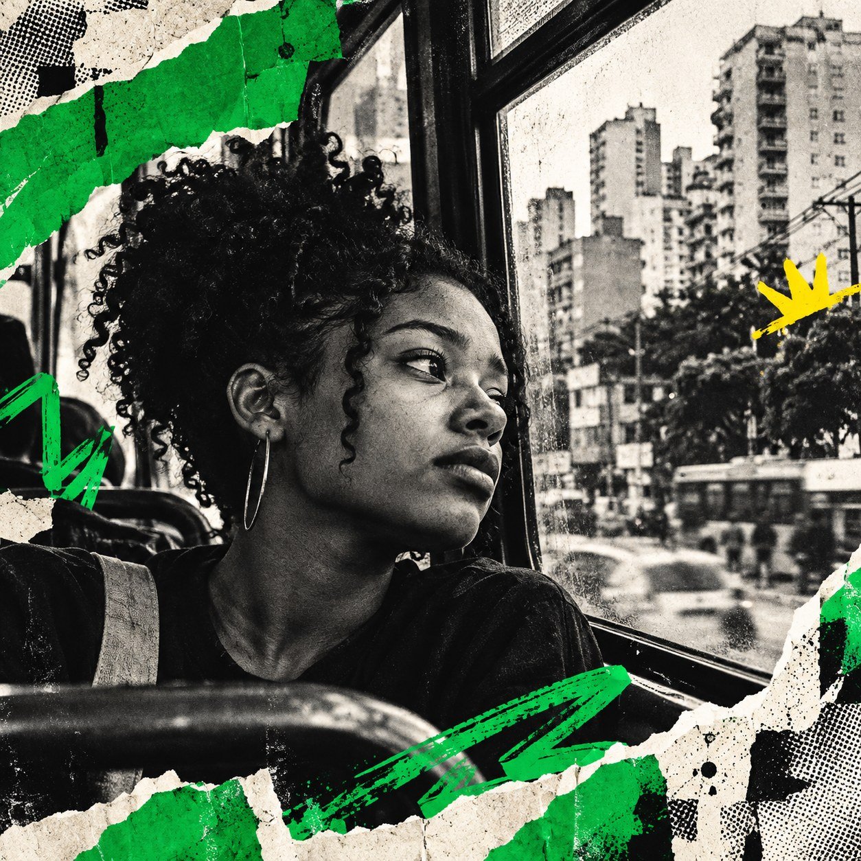 Passageira observa a cidade pela janela de um ônibus, em uma colagem fotográfica com recortes verdes.