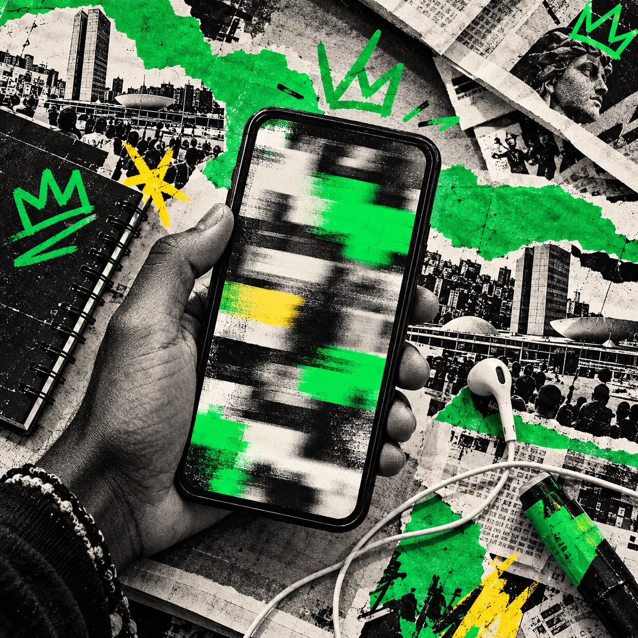 Mão segura um celular sobre recortes de jornal e uma cena urbana em preto e branco.