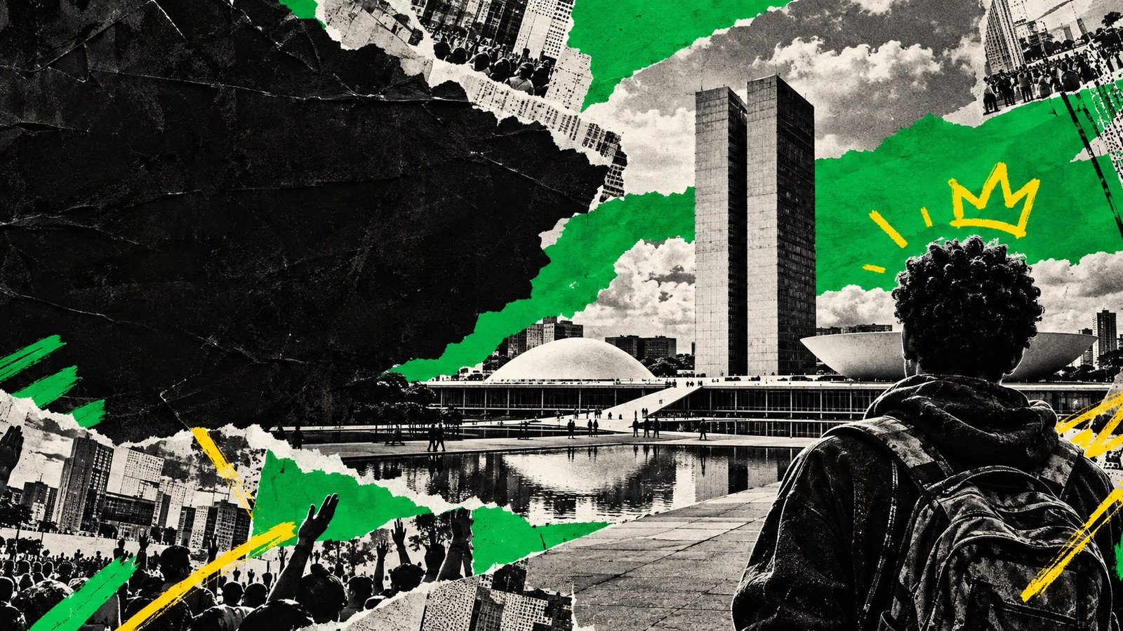 Colagem editorial em preto e branco da arquitetura de Brasília e de uma pessoa jovem de costas, atravessada por recortes verdes e amarelos.