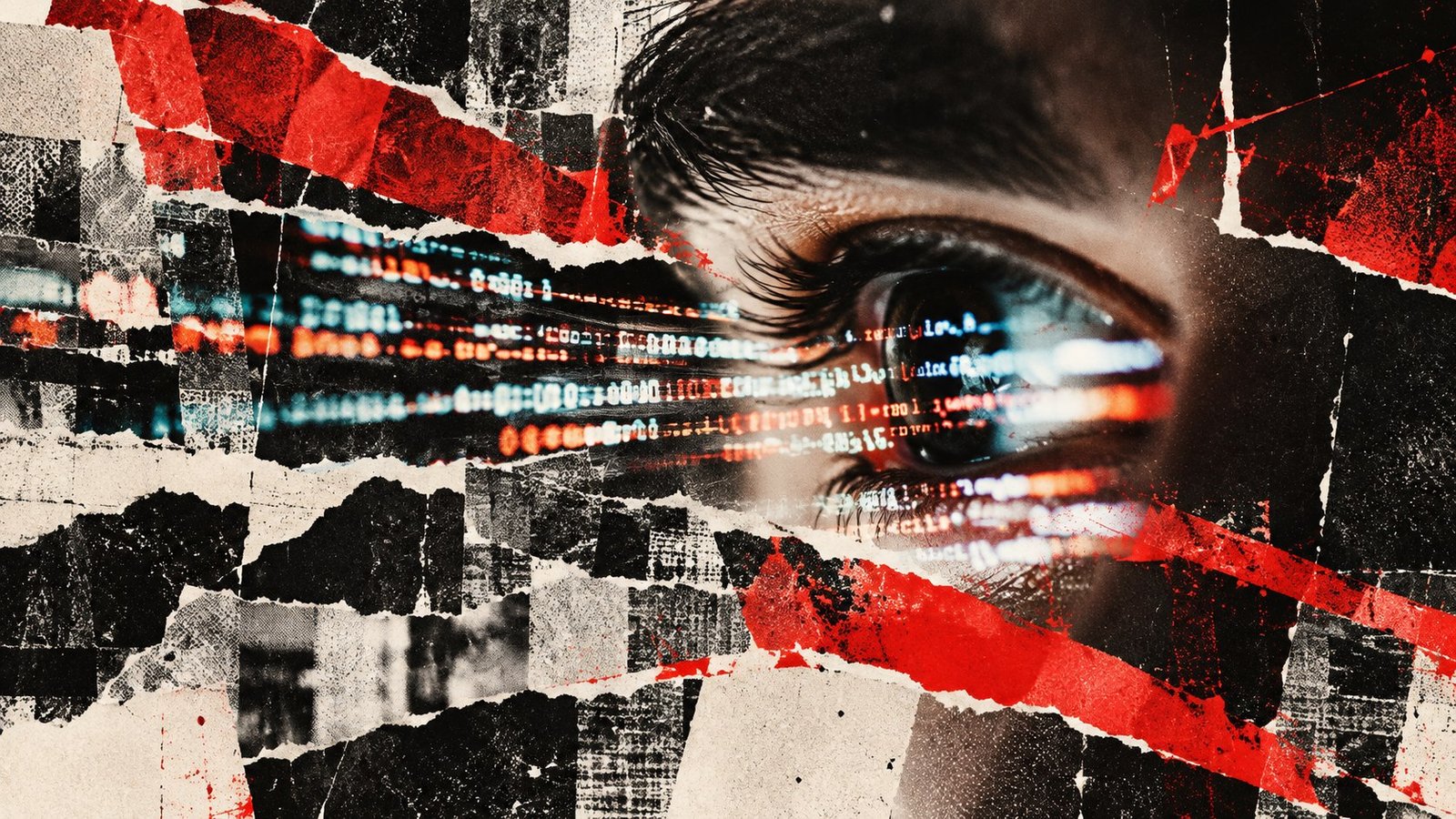Colagem de um olho observando sinais digitais entre recortes de papel em vermelho e preto