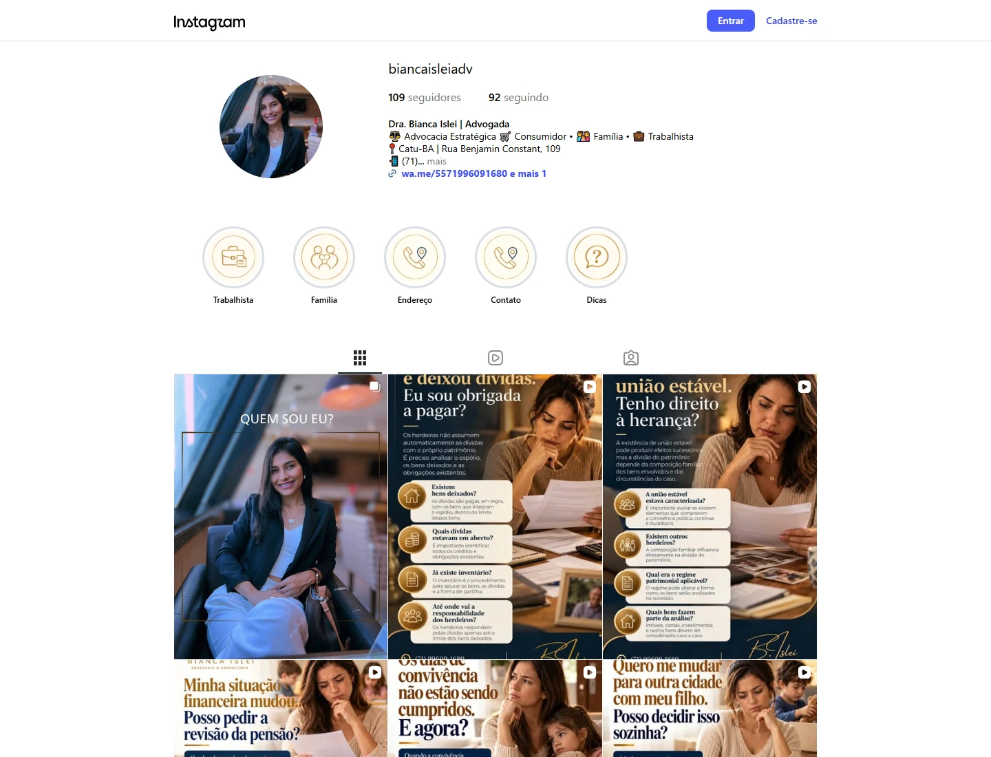 Captura real do perfil público de Bianca Islei no Instagram, registrada em 11 de outubro de 2026.