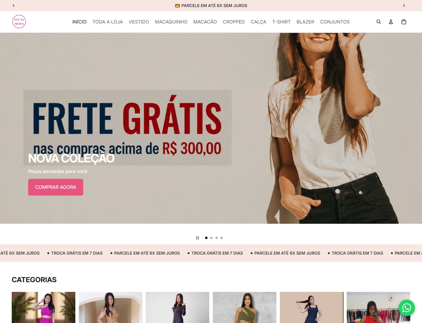Captura real da página inicial do e-commerce oficial da Ellas Moda, registrada em 11 de outubro de 2026.