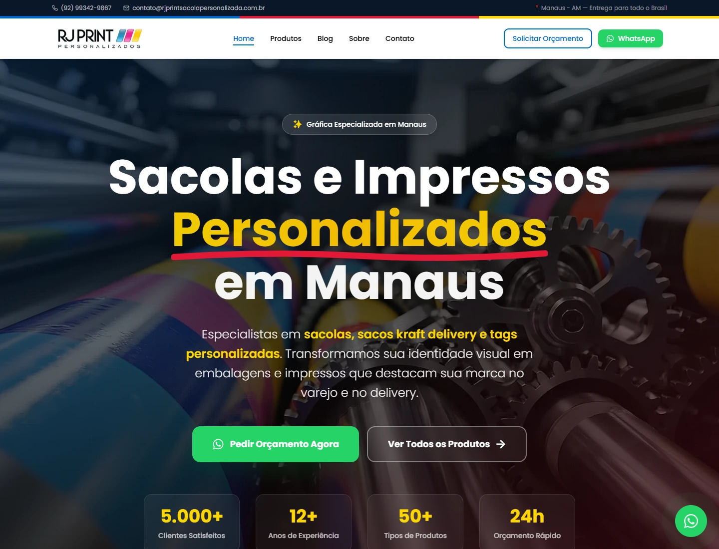 Captura real da página inicial do site oficial da RJ Print Personalizados, registrada em 11 de outubro de 2026.