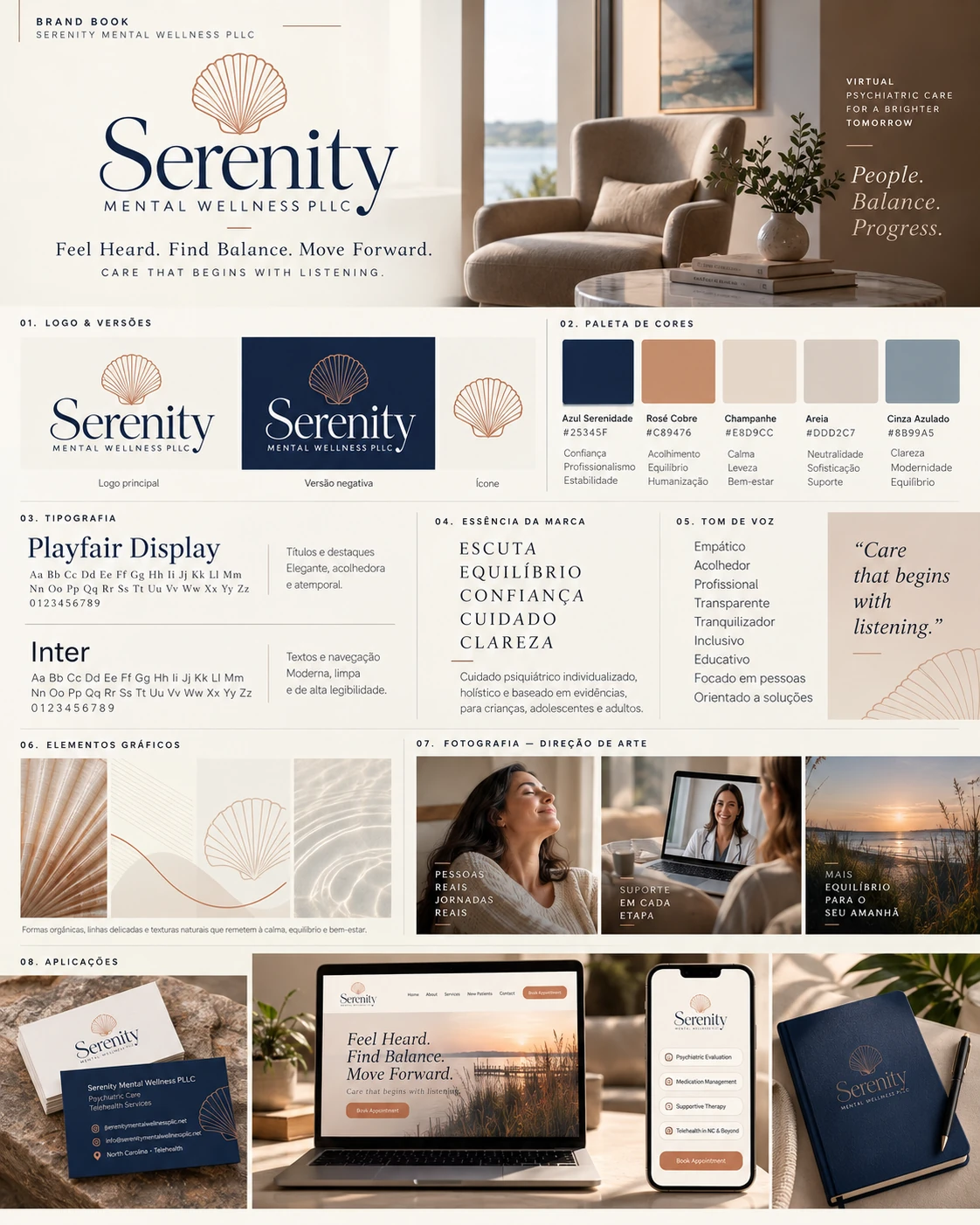 Brand book Serenity Mental Wellness com versões da marca, paleta, tipografia, essência e aplicações.