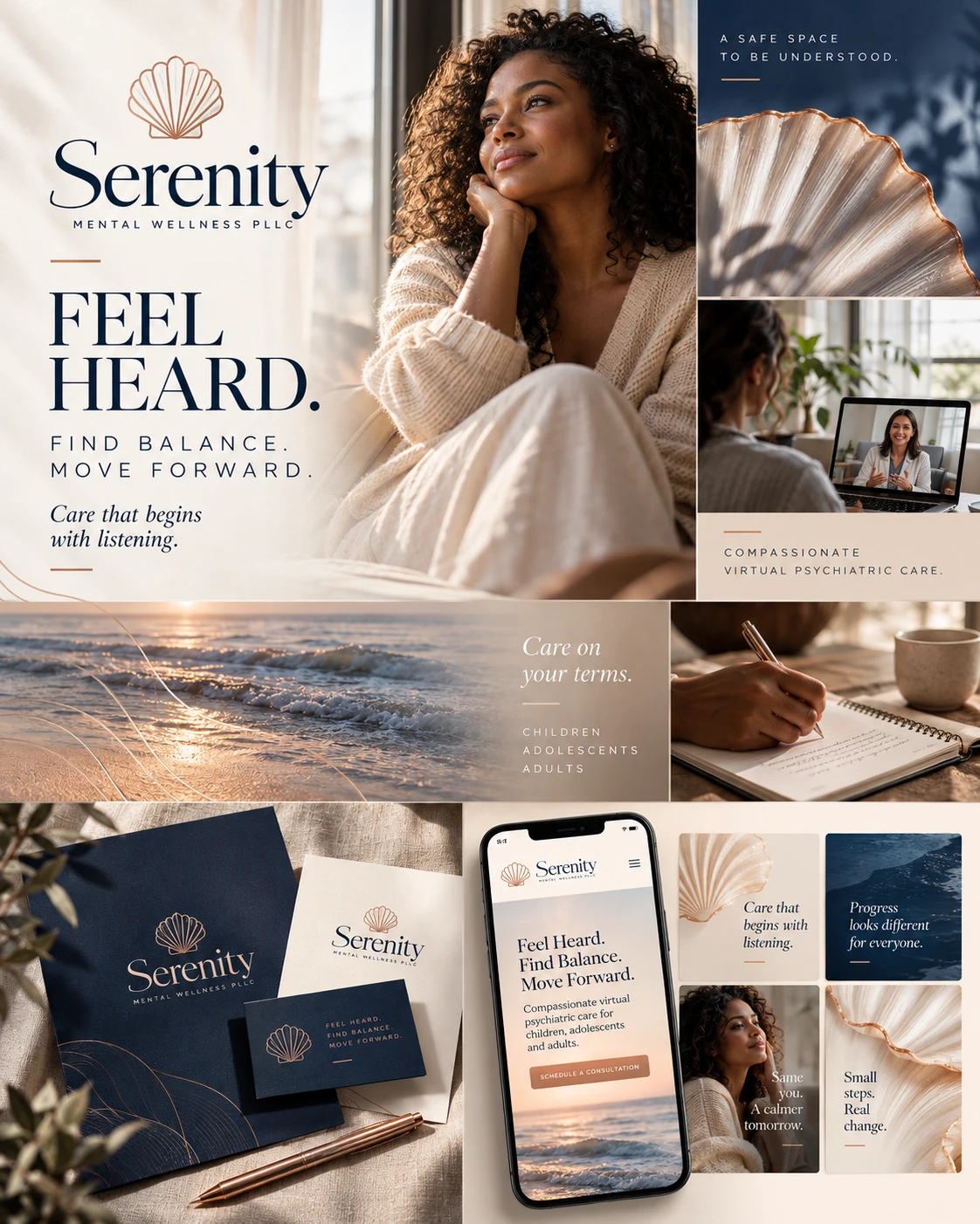Artbook da Serenity Mental Wellness com direção de arte, linguagem editorial e aplicações de comunicação digital.