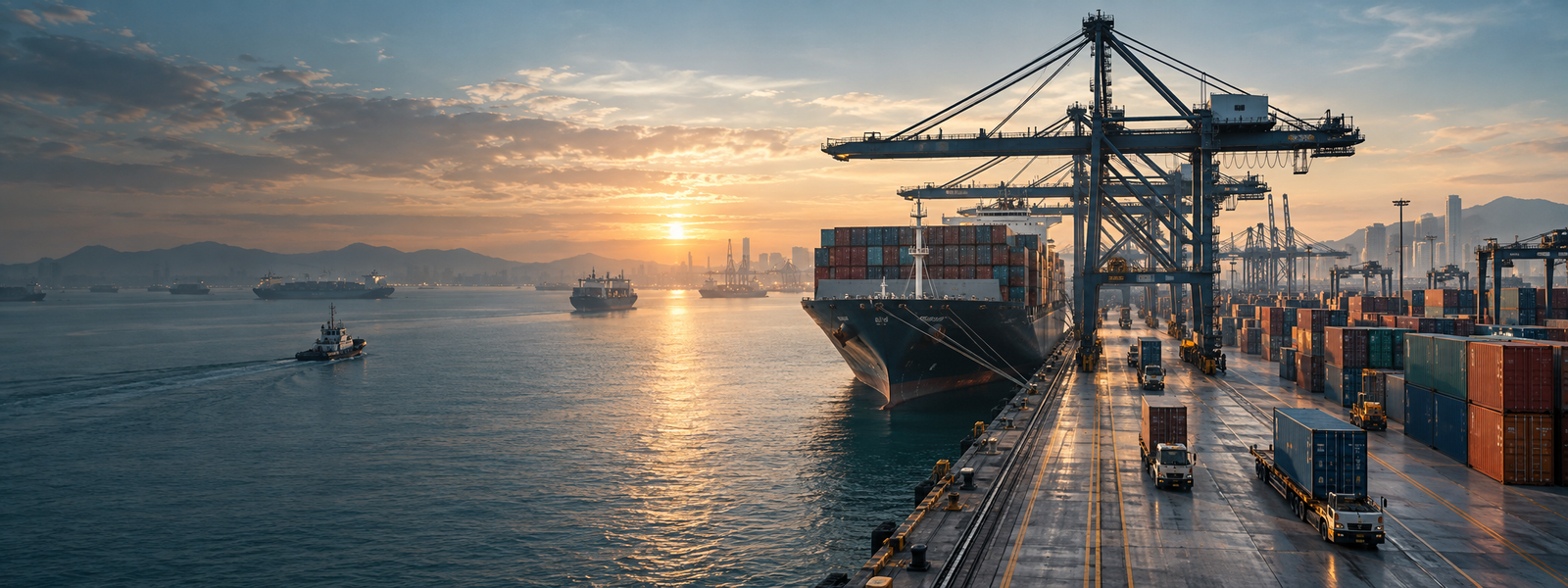 Navio em um terminal portuário ao pôr do sol